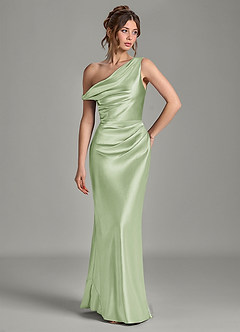 Azazie Emerson Vestidos de damas de honor Vestido Salvia Polvorienta de Satén Metálico de Corte Sirena con Hombros descubiertos image10