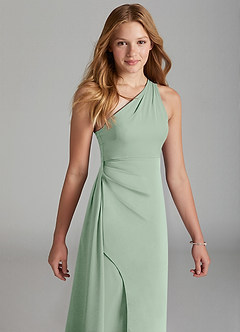 Azazie Maron Junior Agave A-Line Pleated Stretch Satin Dress image3