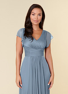 Azazie Reneya vestidos de madre de la novia Vestido de Azul Polvoriento de Malla de Corte En A con Plisado image5