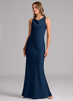 Azazie Allettie Vestidos de damas de honor Vestido de Azul Marino Oscuro de Satén Elástico de Corte Sirena image5