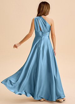 Azazie Charlize Junior Jurk van Stretch Satijn met A-Lijn Geplooid Staal Blauw image2