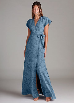 Azazie Ling Bridesmaid Dresses Steel Blue A-Line Pleated Floral Burnout Dress image3