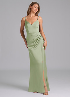 Azazie Leo Bridesmaid Dresses Dusty Sage Sheath Pleated Stretch Satin Dress image4