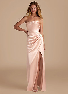 Azazie Leonis Bridesmaid Dresses Rose Gold Mermaid Pleated Metallic Satin Convertible Dress image1