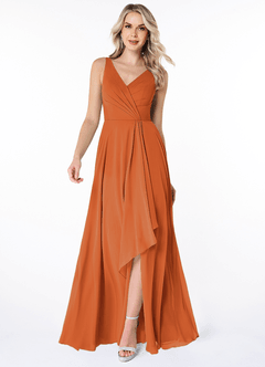 Azazie Calvi Bridesmaid Dresses Cinnamon A-Line Ruched Chiffon Dress image1