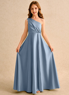Azazie Puddles Junior Formal Flower Girl Dresses Dusty Blue A-Line One Shoulder Matte Satin Dress image5