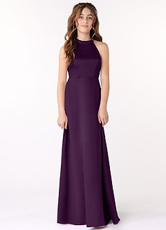 Azazie Laurel Junior Grape A-Line Stretch Satin Dress image1