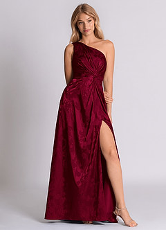 Azazie Brooke 신부 들러리 드레스 A라인 한쪽 어깨 자카드 바닥 길이 드레스 image5