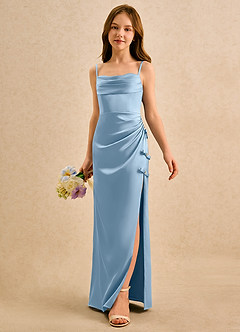 Azazie Bundt Girls Formal Flower Girl Dresses Powder Blue A-Line Pleated Stretch Satin Dress image5