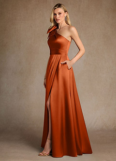 Azazie Easton Mère de la mariée Robes Robe Trapèze en Satin extensible Une épaule Orange Brûlée image2