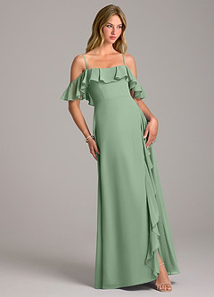 Azazie Aubrie Bridesmaid Dresses Matcha A-Line Off the Shoulder Chiffon Dress image5