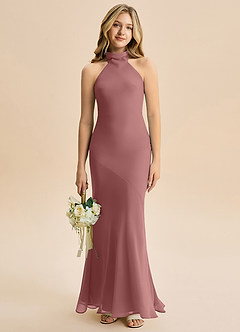 Azazie Velli Junior Vestido Rosa Do Deserto de Chiffon de sereia com Pescoço alto image1