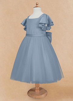 Azazie Kaeya Abiti da Ragazza di Fiori Abito A-Line in Tulle Fiocco Blu Polveroso image7