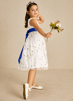 Azazie Pollie Flower Girl Dresses Ivory Royal Blue A-Line Bow Tulle Dress image3
