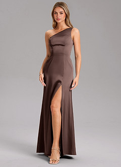 Azazie Phaedra At-home Try On Dresses Olive A-Line One Shoulder Stretch Satin Dress image6