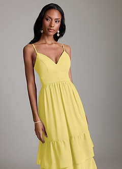 Azazie Nathalia Vestidos de damas de honor Vestido de Canario de Gasa de Corte en A con Volante image3