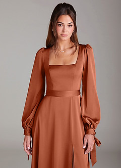 Azazie Leonia Bridesmaid Dresses Cedar Rose A-Line Long Sleeve Stretch Satin Dress image6