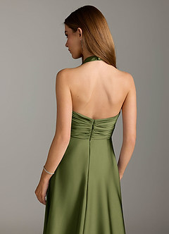 Azazie Tessie Bridesmaid Dresses Olive A-Line Pleated Stretch Satin Dress image7