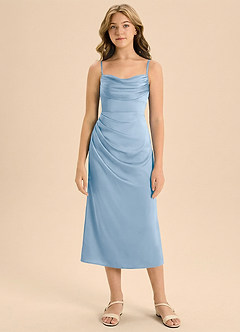 Azazie Mai Junior Powder Blue Sheath Pleated Stretch Satin Dress image3