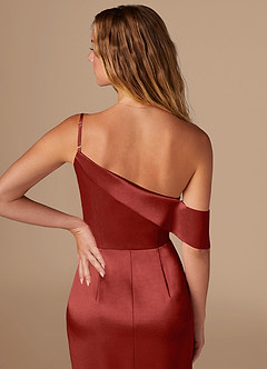 Azazie Lia Bridesmaid Dresses Rust Sheath Off the Shoulder Metallic Satin Dress image2