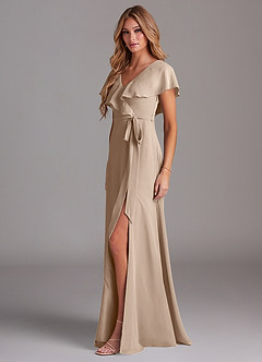 Azazie Lainey Bridesmaid Dresses Taupe A-Line with Pockets Chiffon Dress image4