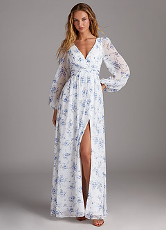 Azazie Norah Bridesmaid Dresses Blue Cottage Floral A-Line V-Neck Long Sleeve Chiffon Dress image1