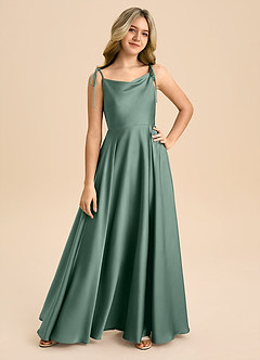 Azazie Popsy Junior Eucalyptus A-Line Bow Stretch Satin Dress image8
