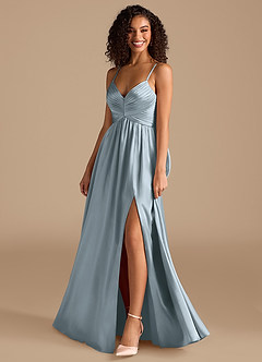 Azazie Alia Robes de demoiselle d'honneur Robe Trapèze en Satiné métallisé Plissée Bleu Poussiéreux image7