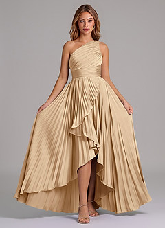 Azazie Lyrica Bridesmaid Dresses Champagne A-Line One Shoulder Stretch Satin Dress image6