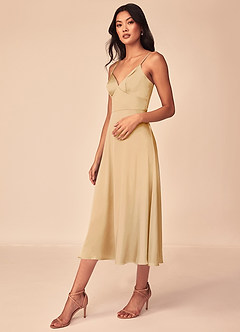 Azazie Dottie Bridesmaid Dresses Gold A-Line Stretch Satin Dress image4