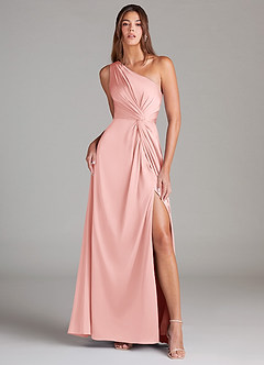 Azazie Brooke Bridesmaid Dresses Powder Pink A-Line One Shoulder Stretch Satin Dress image2