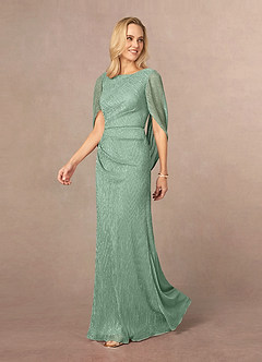 Azazie Paige Mother of the Bride Dresses Aquamarine Sheath Pleated Cape Metallic Mesh Dress image2