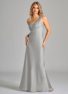 Azazie Celina Bridesmaid Dresses Silver Sheath Off the Shoulder Stretch Satin Dress image3