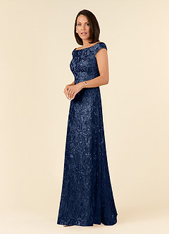Azazie Porcelain At-home Try On Dresses Dark Navy A-Line Off the Shoulder Lace Dress image2
