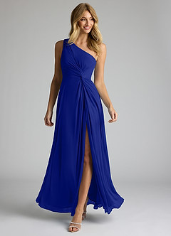 Azazie Brooke Bridesmaid Dresses Royal Blue A-Line One Shoulder Mesh Dress image2