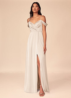 Azazie Ocean Vestidos de damas de honor Vestido de Alabastro Blanco de Satén Elástico de Corte en A con Cuello en V Plisado image1