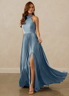 Christian Siriano Bridal for Azazie 1007 Bridesmaid Dresses Dusty Blue A-Line Pleated Stretch Satin Dress image3