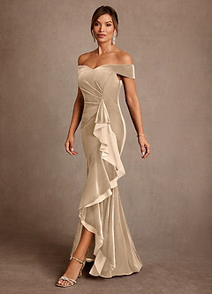 Azazie Billings Moeder van de bruid jurken Zeemeermin Jurk van flueel Off the Shoulder Champagne image2