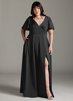 Azazie Kimber Bridesmaid Dresses Black A-Line Ruched Stretch Satin Dress image7