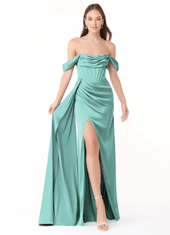 Azazie Amyra Vestidos de damas de honor Vestido de Aqua de Satén Elástico de Corte Recto Convertible con Vestidos sin tirantes image1