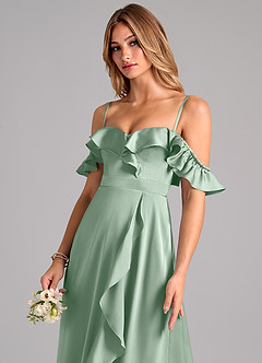 Azazie Lyra Bridesmaid Dresses Agave A-Line Off the Shoulder Stretch Satin Convertible Dress image7