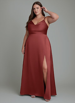 Azazie Sarella Robes de demoiselle d'honneur Robe Trapèze en Satin extensible Plissé Terracotta image6