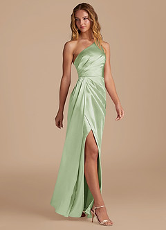 Azazie Mika Brautjungfernkleider Etui One-Shoulder Metallischer Satin Kleid Staubiger Salbeigrün image4