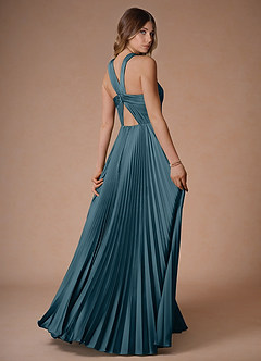 Afra Azure Blue A-Line Pleated Stretch Satin Dress image2
