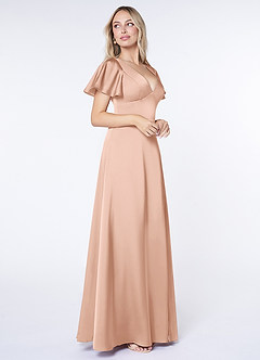 Azazie Lani Bridesmaid Dresses Rose Gold A-Line Flounce Sleeve Stretch Satin Dress image4