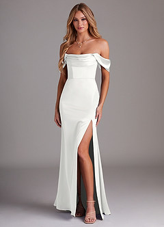 Azazie Saige Bridesmaid Dresses White Sheath Off the Shoulder Stretch Satin Dress image1