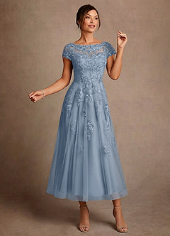 Azazie Jolanda 신부의 어머니 드레스 A라인 레이스 티 길이 드레스 image3