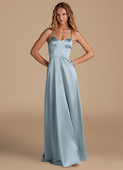 Azazie Mei Robes de demoiselle d'honneur Robe Trapèze en Satiné métallisé Bleu Poussiéreux image1