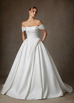 Azazie Suki Wedding Dresses Diamond White Ball-Gown Off the Shoulder Satin Dress image7