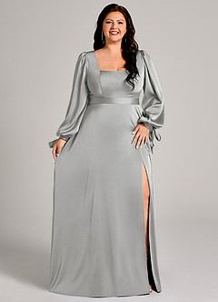 Azazie Leonia 신부 들러리 드레스 A라인 긴팔 스트레치 새틴 바닥 길이 드레스 image11